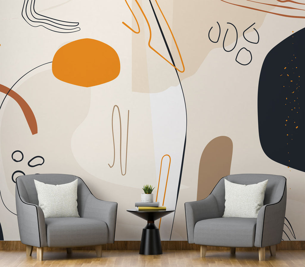 Abstract Boho Shapes Wallpaper : Orange Navy Line Art Mural - View 2
