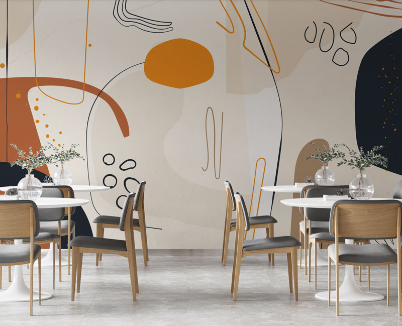 Abstract Boho Shapes Wallpaper : Orange Navy Line Art Mural - View 3