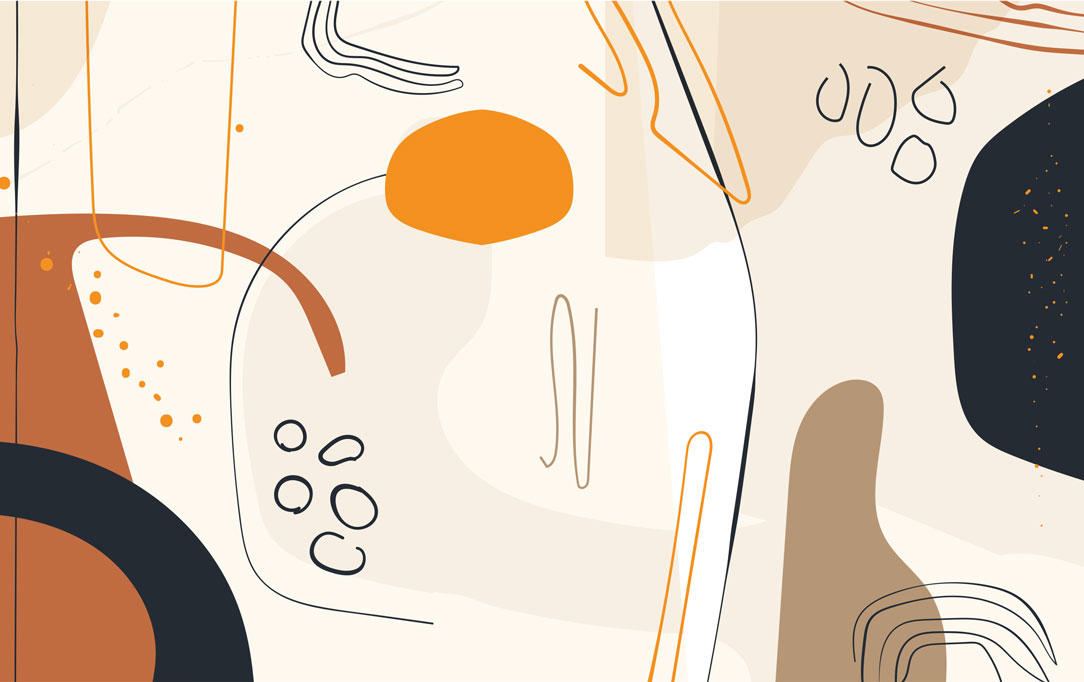 Abstract Boho Shapes Wallpaper : Orange Navy Line Art Mural - flat design