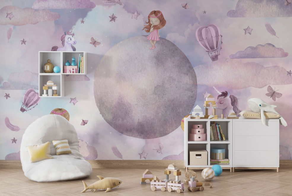 Dreamy Moon Kids Wallpaper : Lilac Clouds and Balloons Mural