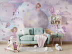 Dreamy Moon Kids Wallpaper : Lilac Clouds and Balloons Mural - View 3