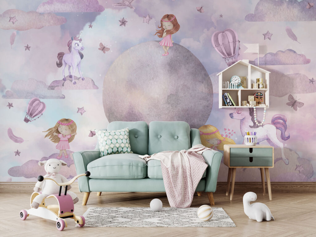 Dreamy Moon Kids Wallpaper : Lilac Clouds and Balloons Mural - View 3
