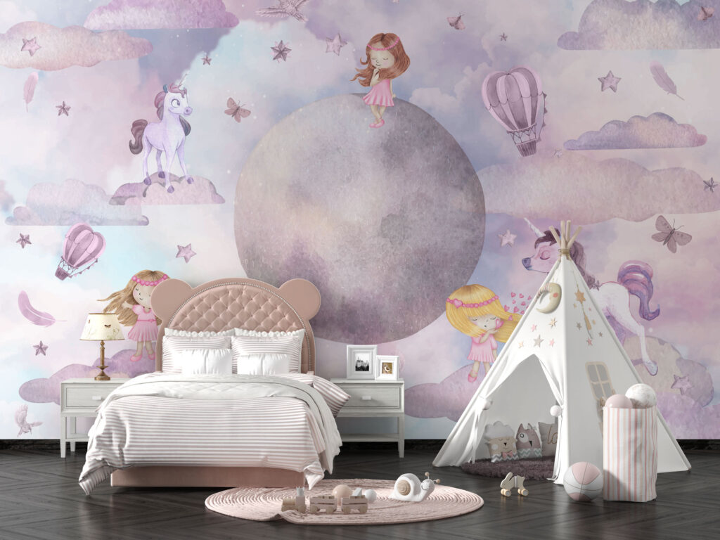 Dreamy Moon Kids Wallpaper : Lilac Clouds and Balloons Mural - View 6