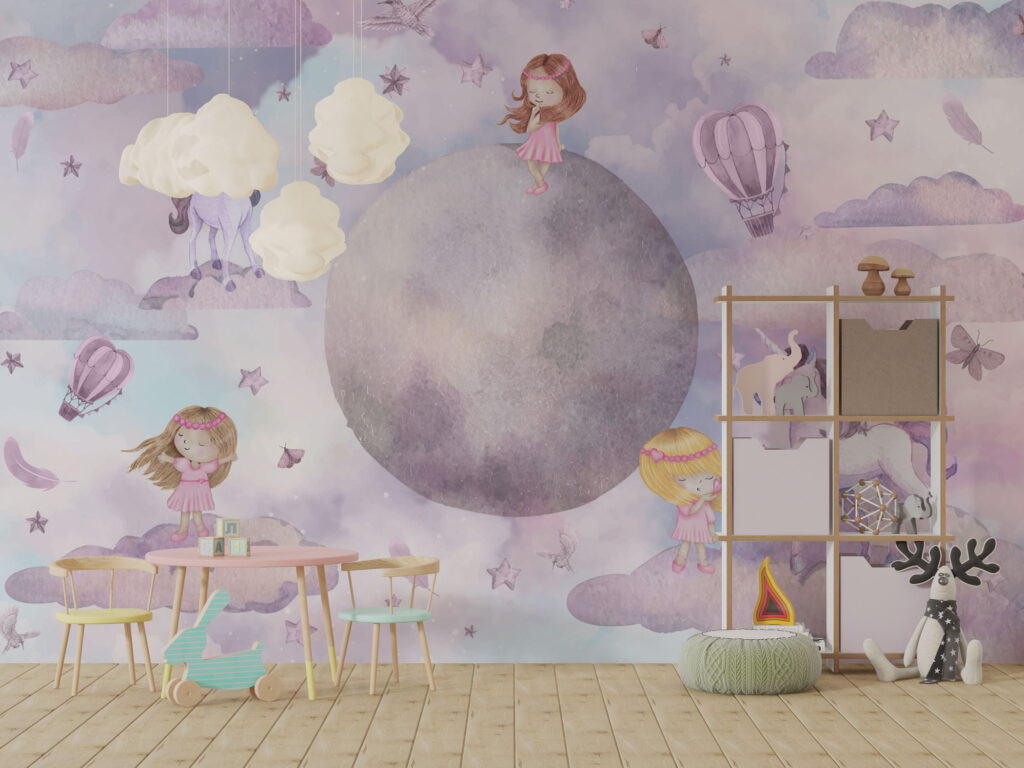 Dreamy Moon Kids Wallpaper : Lilac Clouds and Balloons Mural - View 5
