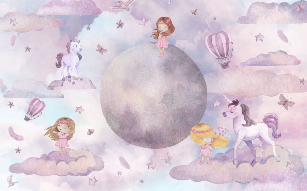 Dreamy Moon Kids Wallpaper : Lilac Clouds and Balloons Mural - View 2