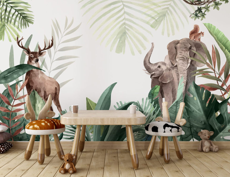 Woodland Animals Leaves Wallpaper : Deer and Elephant Botanical Mural