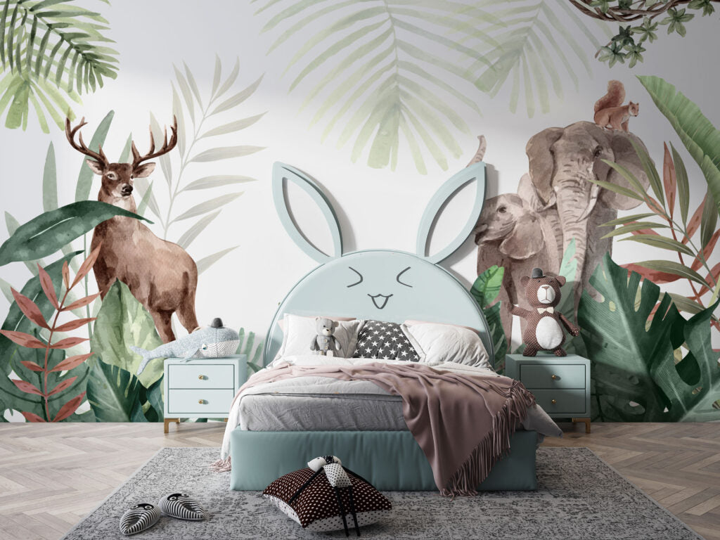 Woodland Animals Leaves Wallpaper : Deer and Elephant Botanical Mural - View 3