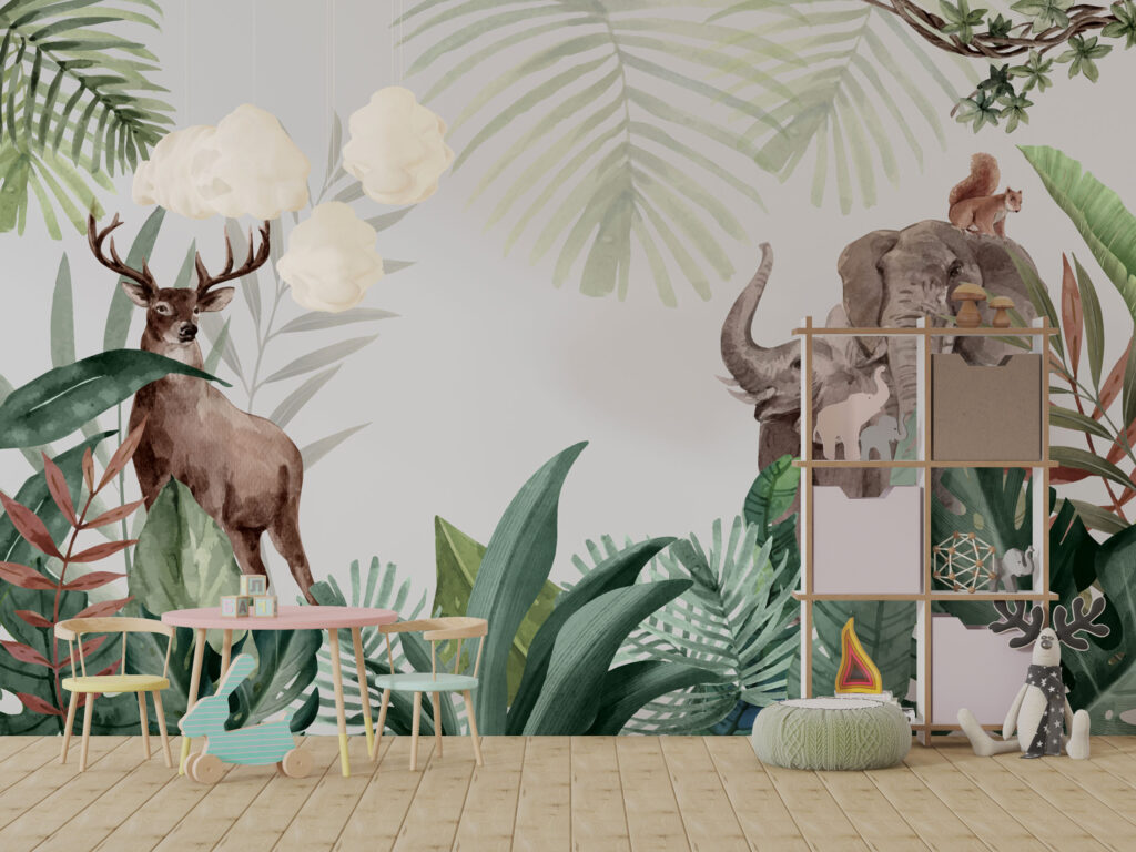 Woodland Animals Leaves Wallpaper : Deer and Elephant Botanical Mural - View 6
