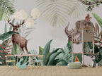 Woodland Animals Leaves Wallpaper : Deer and Elephant Botanical Mural - View 6