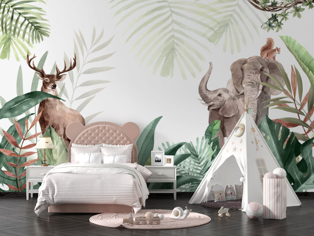 Woodland Animals Leaves Wallpaper : Deer and Elephant Botanical Mural - View 4