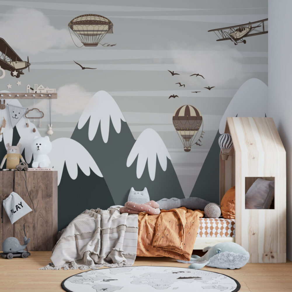 Balloon Mountains Wallpaper : Grey Peaks and Planes Mural - View 6