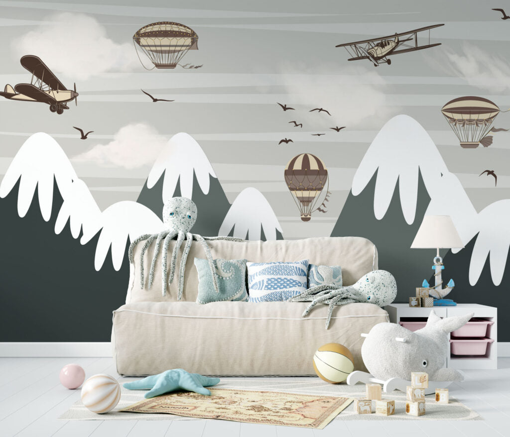 Balloon Mountains Wallpaper : Grey Peaks and Planes Mural - View 3