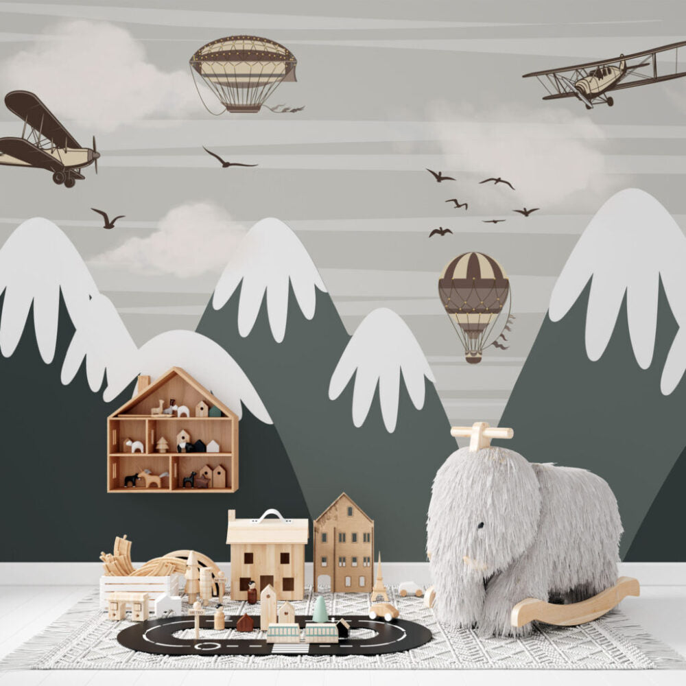Balloon Mountains Wallpaper : Grey Peaks and Planes Mural - View 4