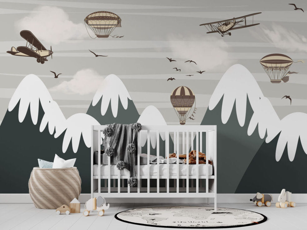 Balloon Mountains Wallpaper : Grey Peaks and Planes Mural