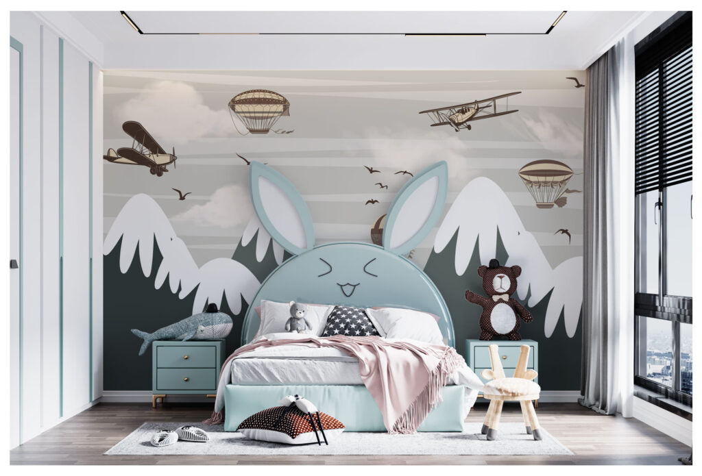 Balloon Mountains Wallpaper : Grey Peaks and Planes Mural - View 5