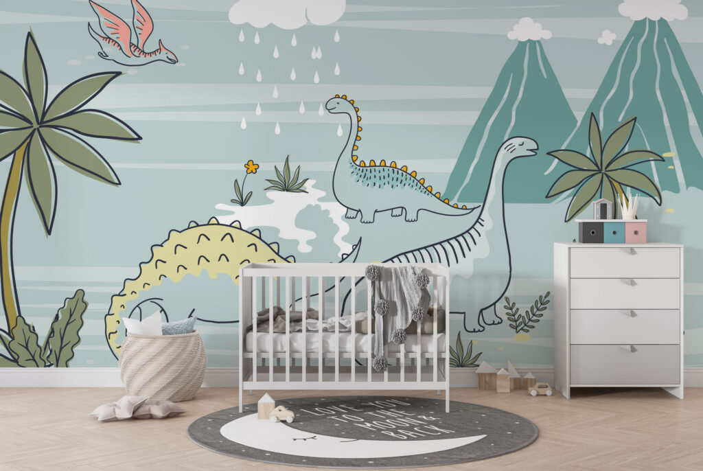 Dinosaurs in the Rain Wallpaper : Kids Jungle Dino Mural - View 3