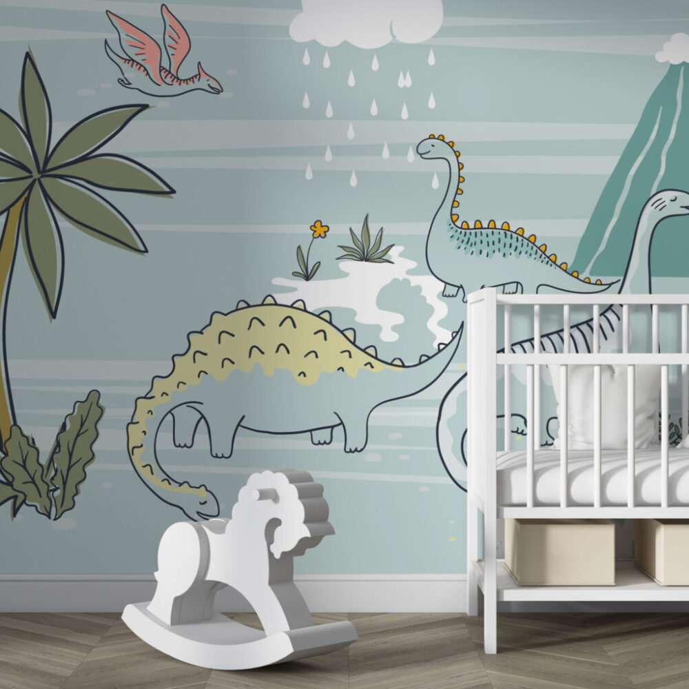 Dinosaurs in the Rain Wallpaper : Kids Jungle Dino Mural - View 6