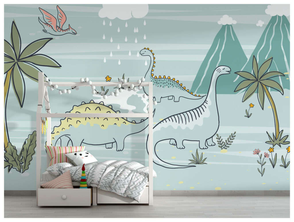 Dinosaurs in the Rain Wallpaper : Kids Jungle Dino Mural - View 4