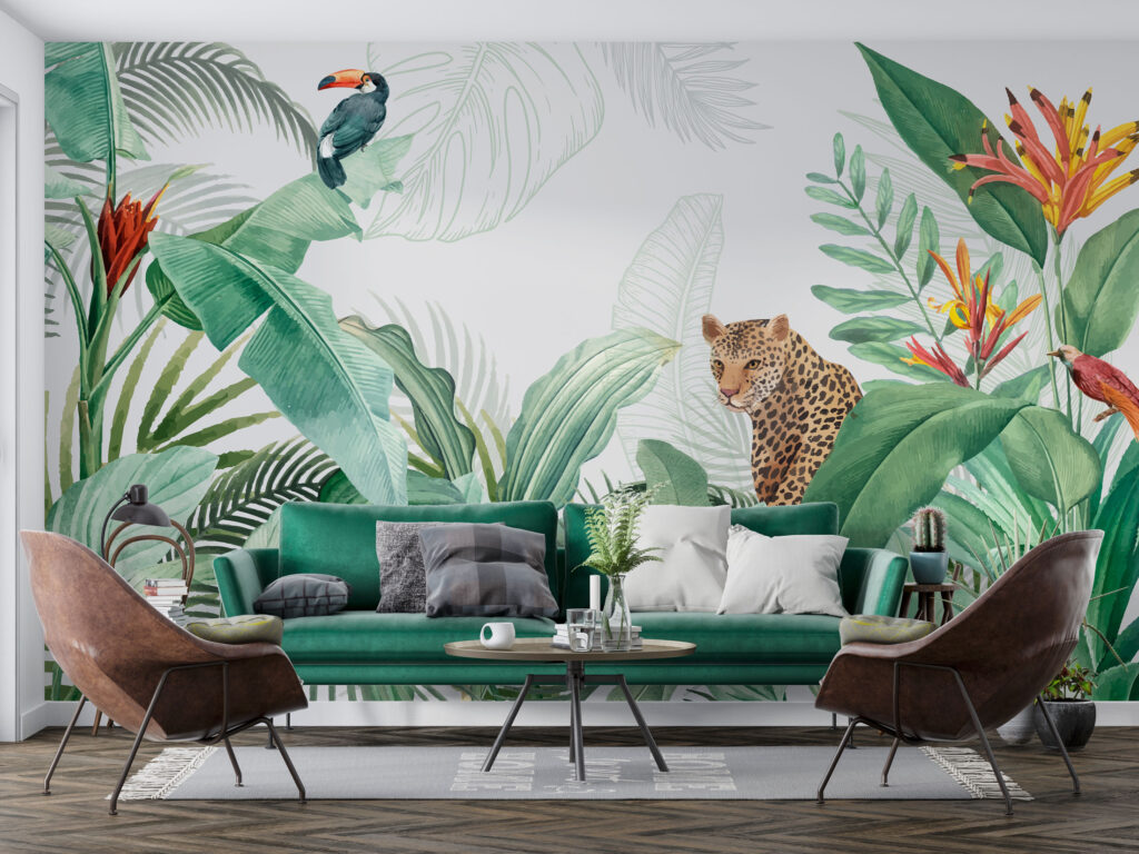 Leopard Tropical Wallpaper : Jungle Leaves and Bird of Paradise Mural - View 3