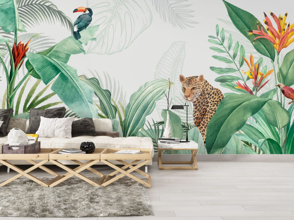 Leopard Tropical Wallpaper : Jungle Leaves and Bird of Paradise Mural - View 5