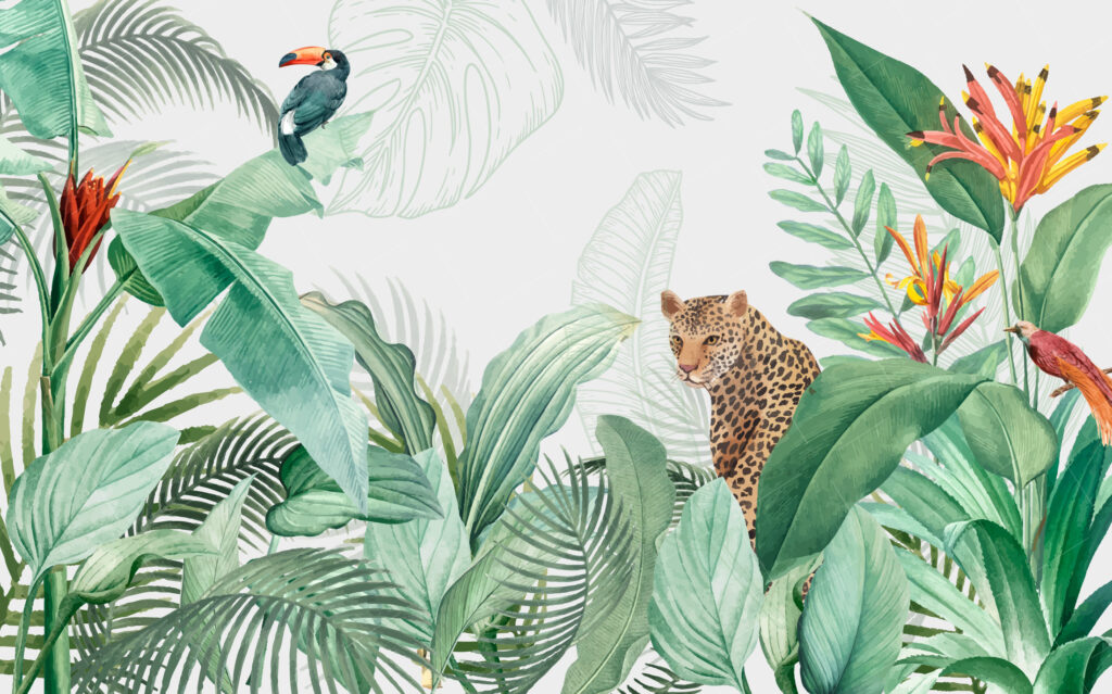 Leopard Tropical Wallpaper : Jungle Leaves and Bird of Paradise Mural - View 2