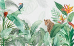 Leopard Tropical Wallpaper : Jungle Leaves and Bird of Paradise Mural - View 2