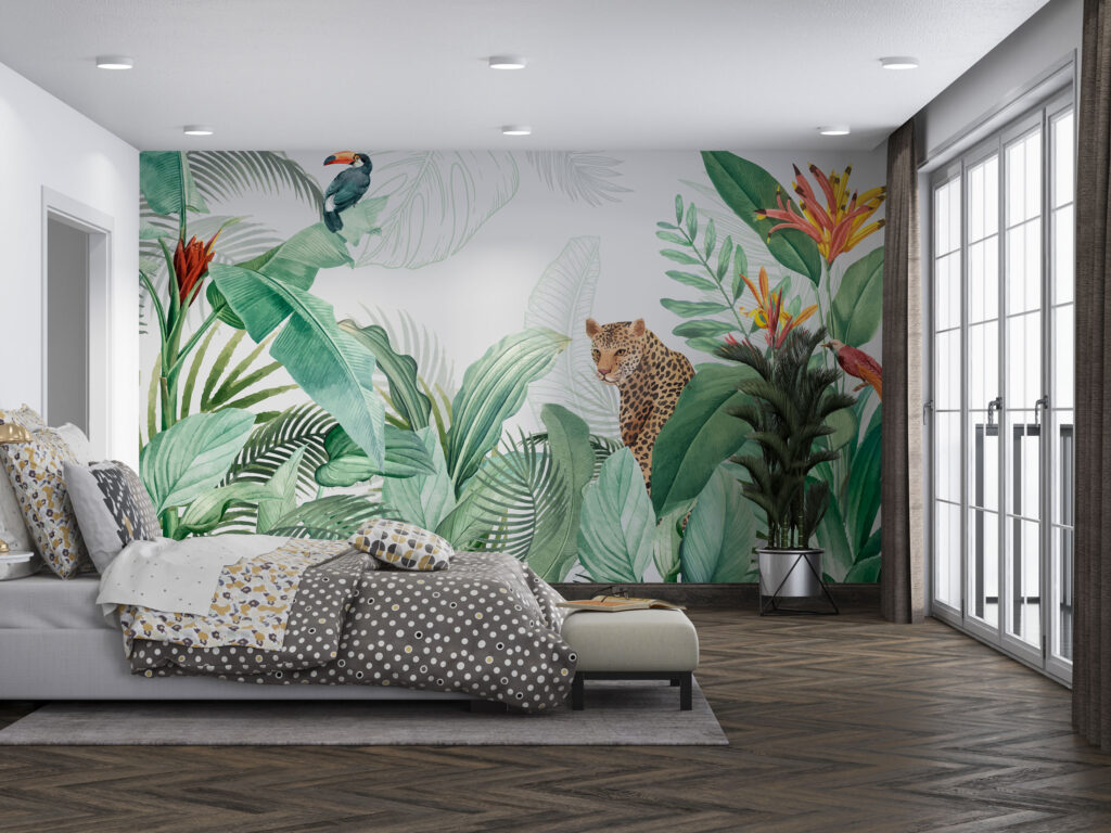 Leopard Tropical Wallpaper : Jungle Leaves and Bird of Paradise Mural - View 6
