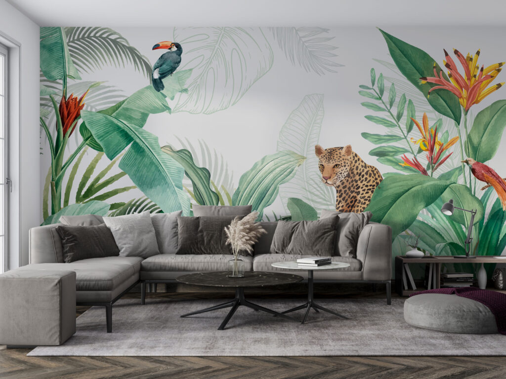 Leopard Tropical Wallpaper : Jungle Leaves and Bird of Paradise Mural - View 4