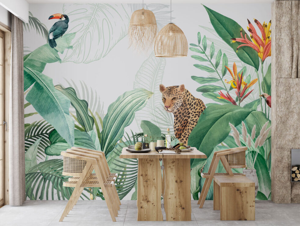 Leopard Tropical Wallpaper : Jungle Leaves and Bird of Paradise Mural