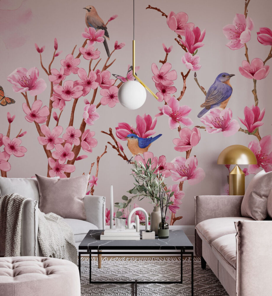 Pink Blossom Bird Wallpaper : Cherry Branch and Butterfly Mural - View 6