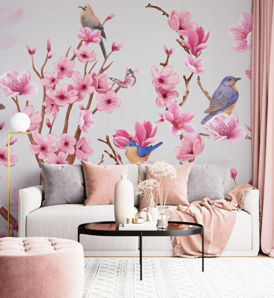 Pink Blossom Bird Wallpaper : Cherry Branch and Butterfly Mural - View 5