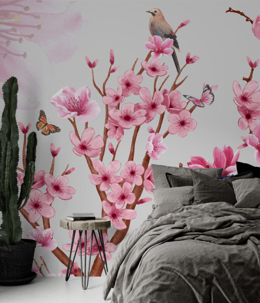 Pink Blossom Bird Wallpaper : Cherry Branch and Butterfly Mural - View 4