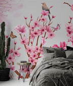 Pink Blossom Bird Wallpaper : Cherry Branch and Butterfly Mural - View 4