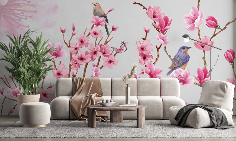 Pink Blossom Bird Wallpaper : Cherry Branch and Butterfly Mural