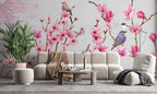 Pink Blossom Bird Wallpaper : Cherry Branch and Butterfly Mural