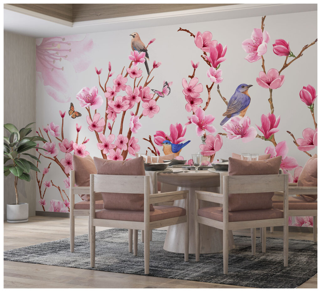 Pink Blossom Bird Wallpaper : Cherry Branch and Butterfly Mural - View 3