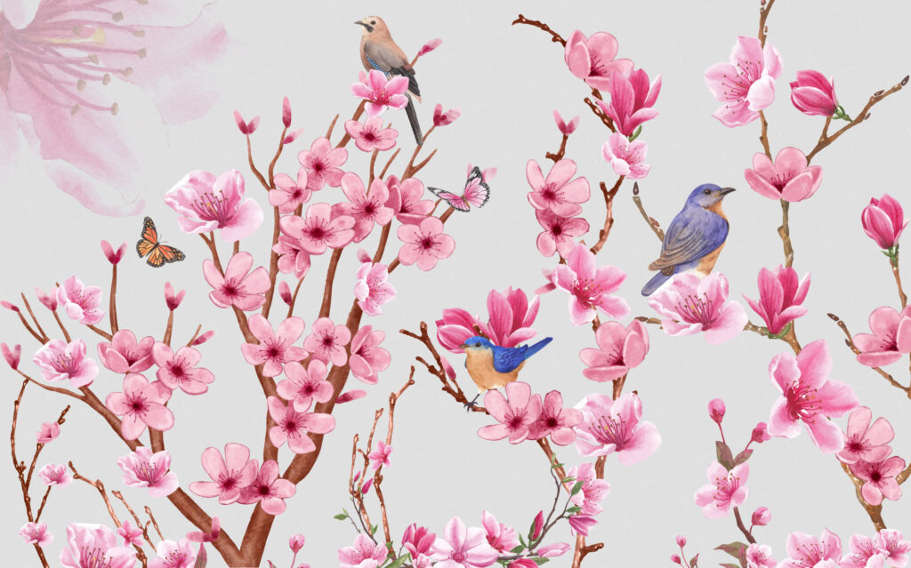 Pink Blossom Bird Wallpaper : Cherry Branch and Butterfly Mural - View 2
