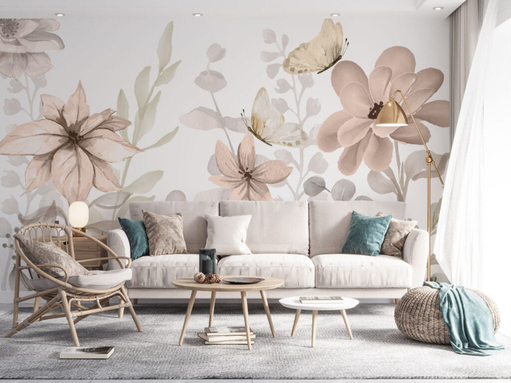 Soft Flowers and Butterflies Wallpaper : Pastel Lily Mural - View 3