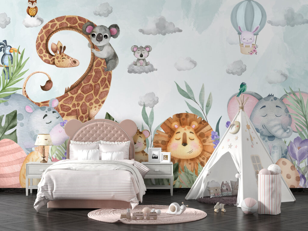 Happy Animals Kids Wallpaper : Lion Giraffe and Clouds Mural