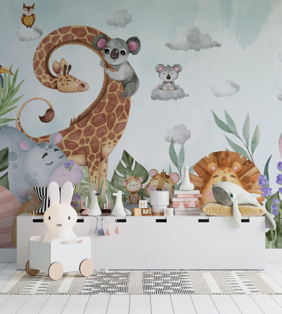 Happy Animals Kids Wallpaper : Lion Giraffe and Clouds Mural - View 5
