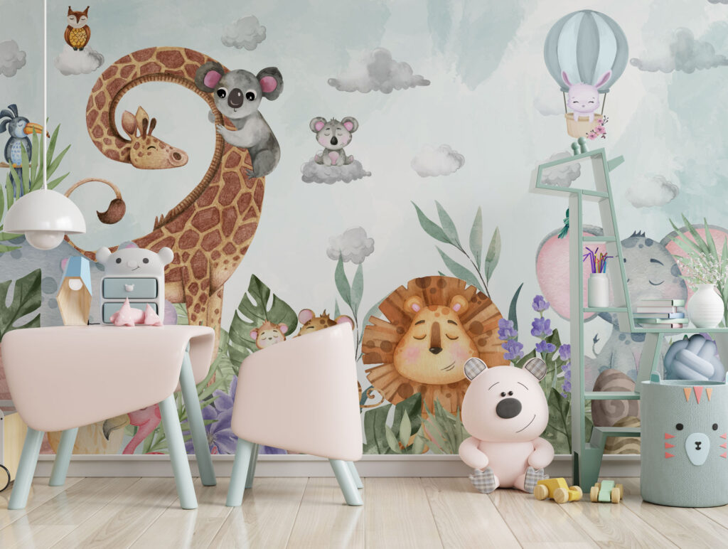 Happy Animals Kids Wallpaper : Lion Giraffe and Clouds Mural - View 6