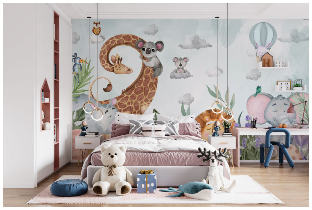 Happy Animals Kids Wallpaper : Lion Giraffe and Clouds Mural - View 3