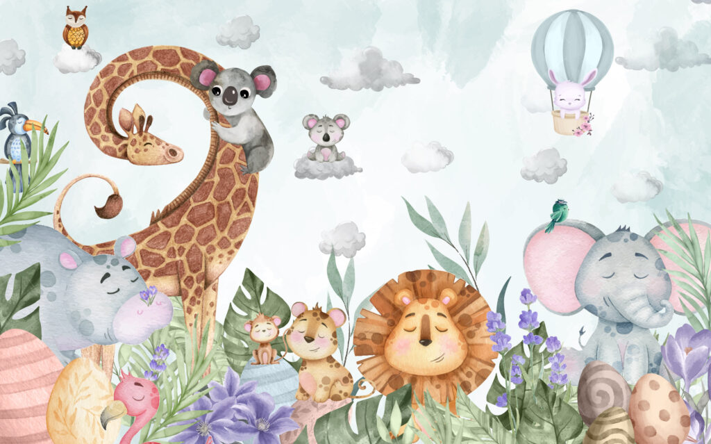 Happy Animals Kids Wallpaper : Lion Giraffe and Clouds Mural - View 2