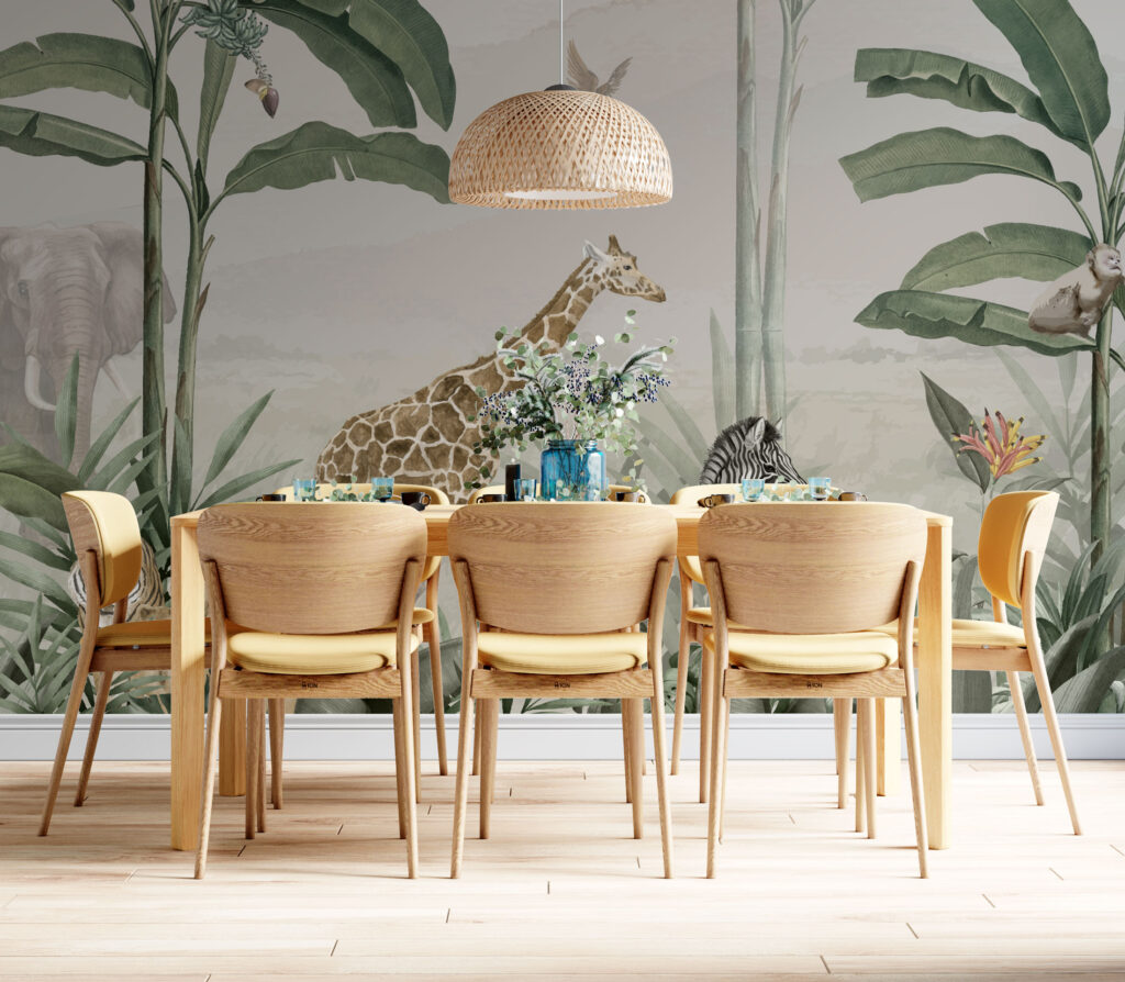 Giraffe and Zebra Tropical Wallpaper : Jungle Palm Safari Mural - View 4