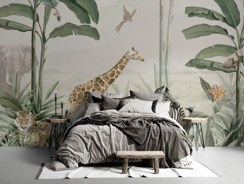Giraffe and Zebra Tropical Wallpaper : Jungle Palm Safari Mural - View 6