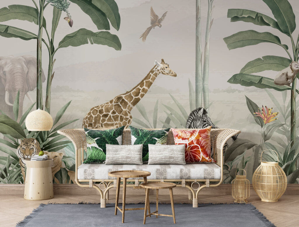 Giraffe and Zebra Tropical Wallpaper : Jungle Palm Safari Mural - View 5