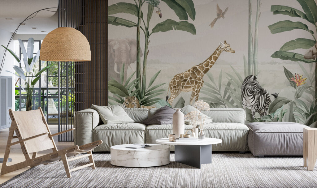 Giraffe and Zebra Tropical Wallpaper : Jungle Palm Safari Mural - View 3