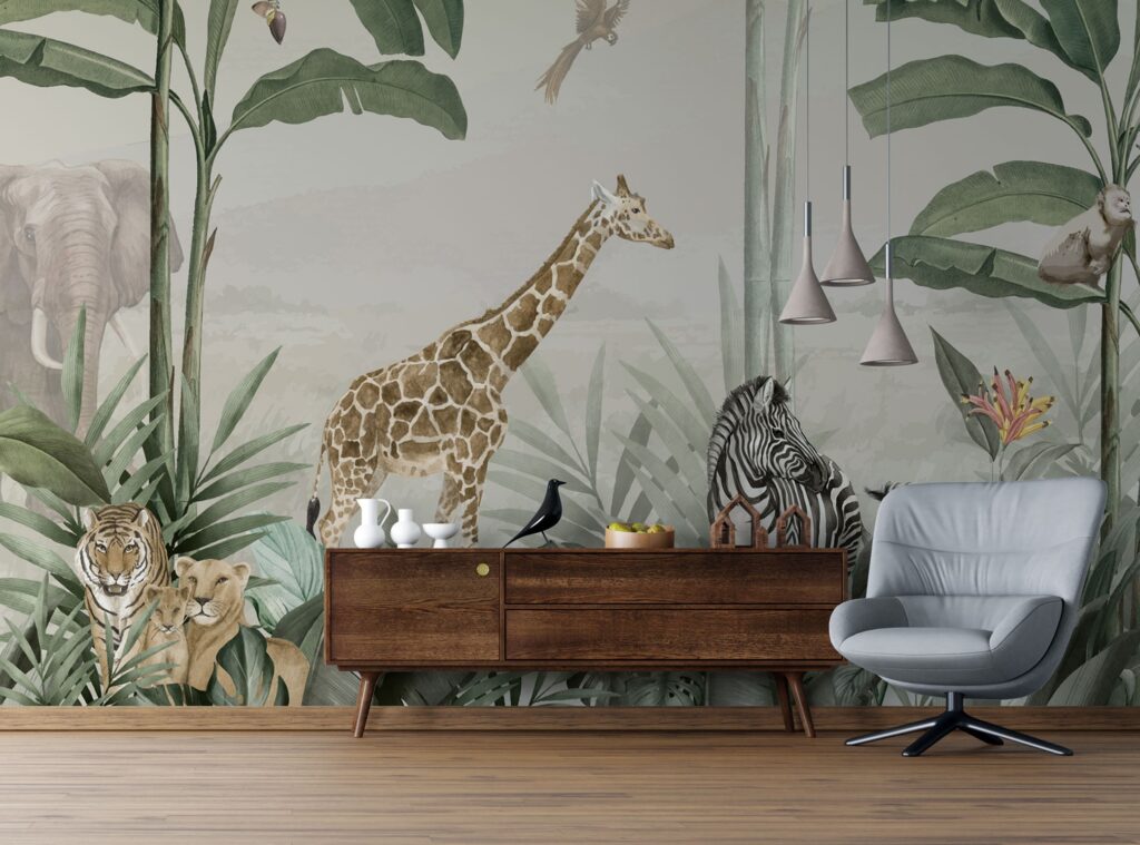 Giraffe and Zebra Tropical Wallpaper : Jungle Palm Safari Mural