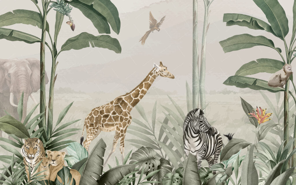 Giraffe and Zebra Tropical Wallpaper : Jungle Palm Safari Mural - View 2