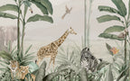Giraffe and Zebra Tropical Wallpaper : Jungle Palm Safari Mural - View 2